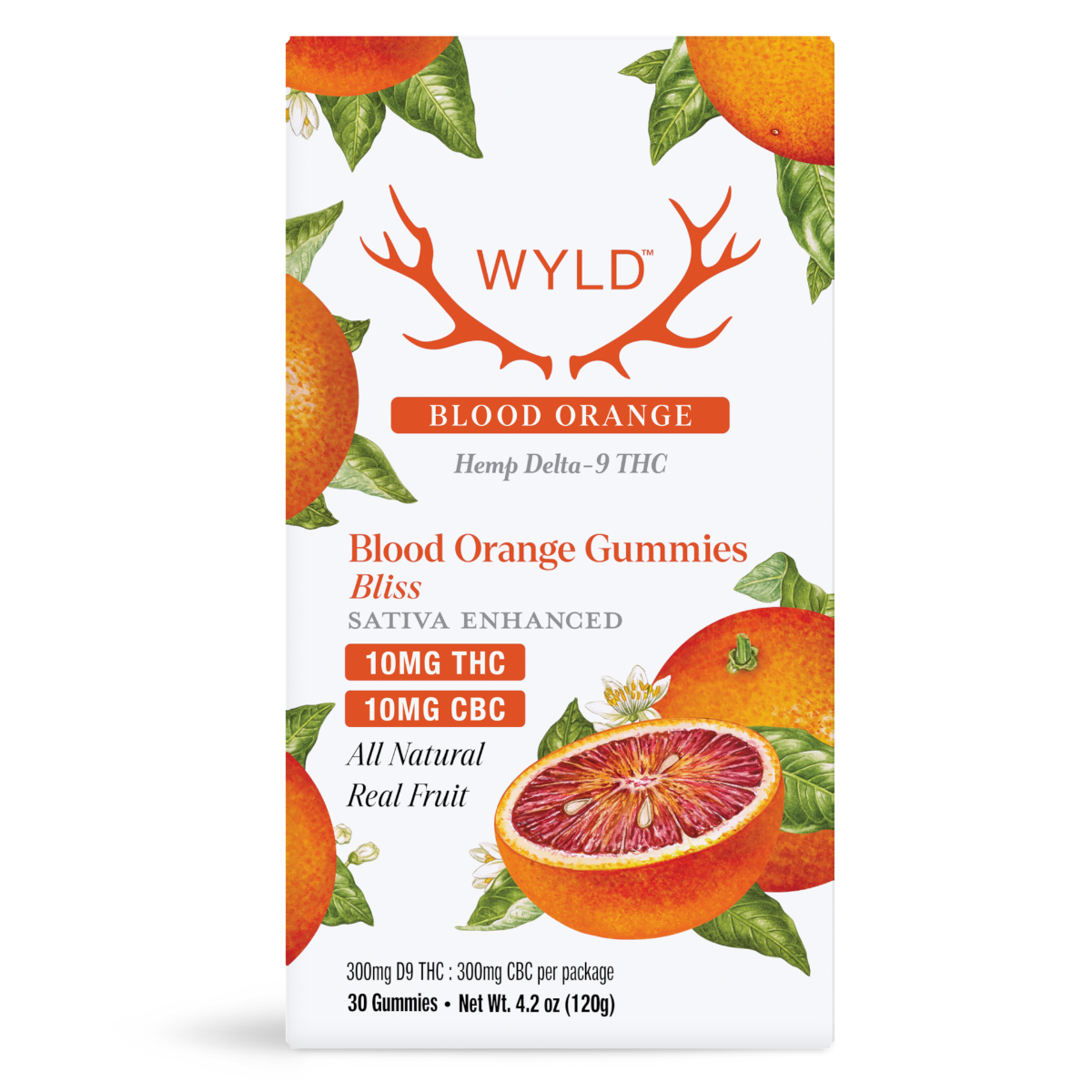 Wyld Blood Orange Gummies 30-count container with clean white packaging, blood orange slice illustration, and product details including 10mg hemp-derived Delta-9 THC and CBC + Sativa terpenes for uplifting vibes.