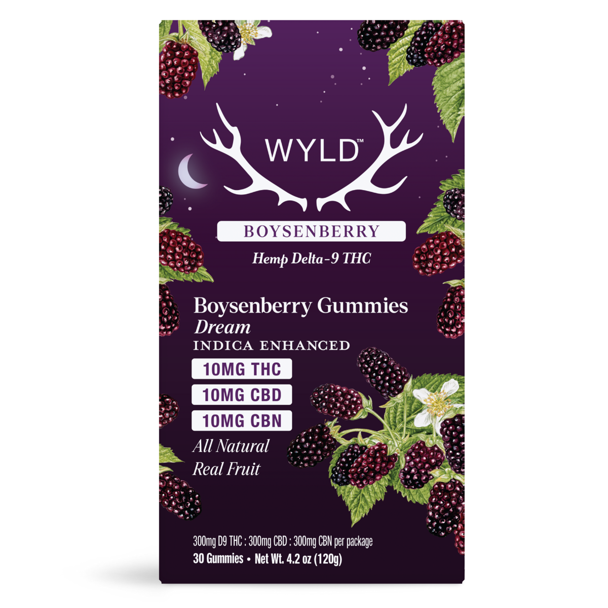 Wyld Boysenberry Gummies 30-count container with rich purple packaging, boysenberry fruit illustrations, and product details including 10mg hemp-derived Delta-9 THC, CBD, and CBN for Indica-enhanced restful effects.