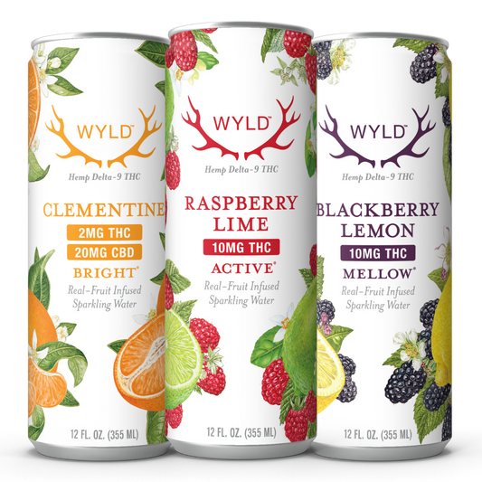 Wyld THC & CBD Sparkling Water Custom Box creative with 12 or 24-Pack options.