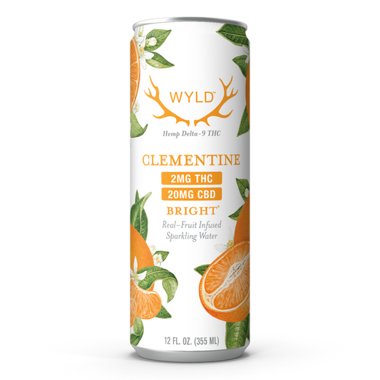 Wyld Hemp Clementine Sparkling Water with 2mg THC and 20mg CBD in a 12oz can.