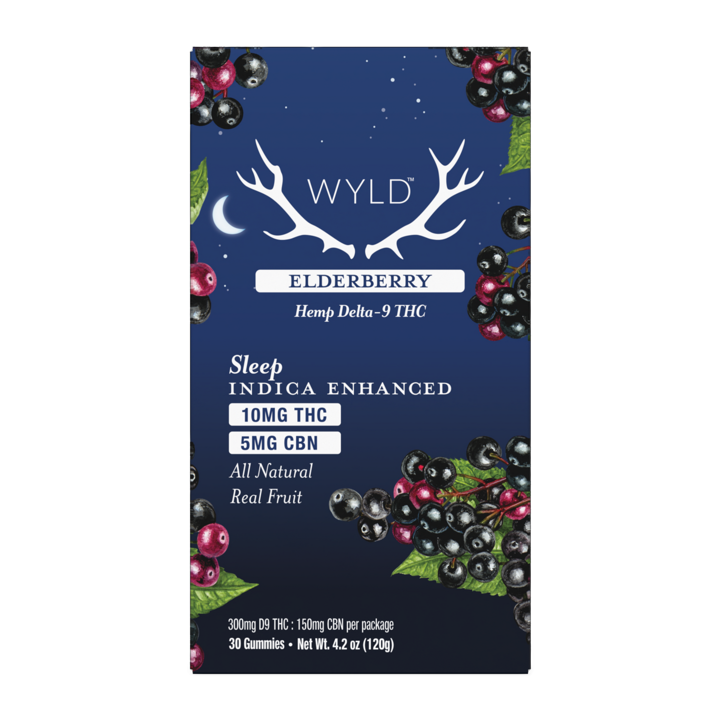 Wyld Hemp Delta 9 THC & CBN Elderberry Gummies for sleep. Package of 30 gummies. Indica Enhanced.