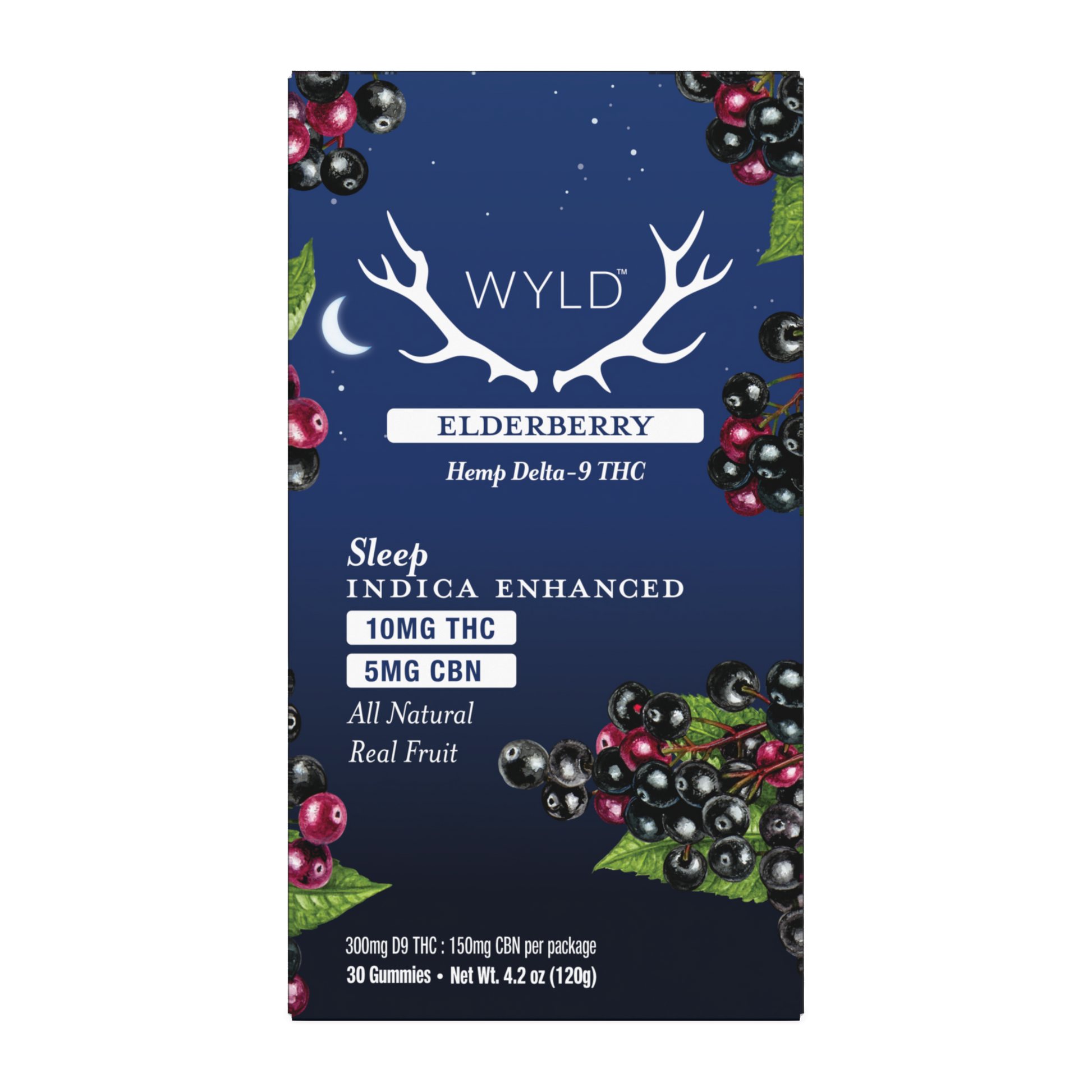 Wyld Hemp Delta 9 THC & CBN Elderberry Gummies for sleep. Package of 30 gummies. Indica Enhanced.