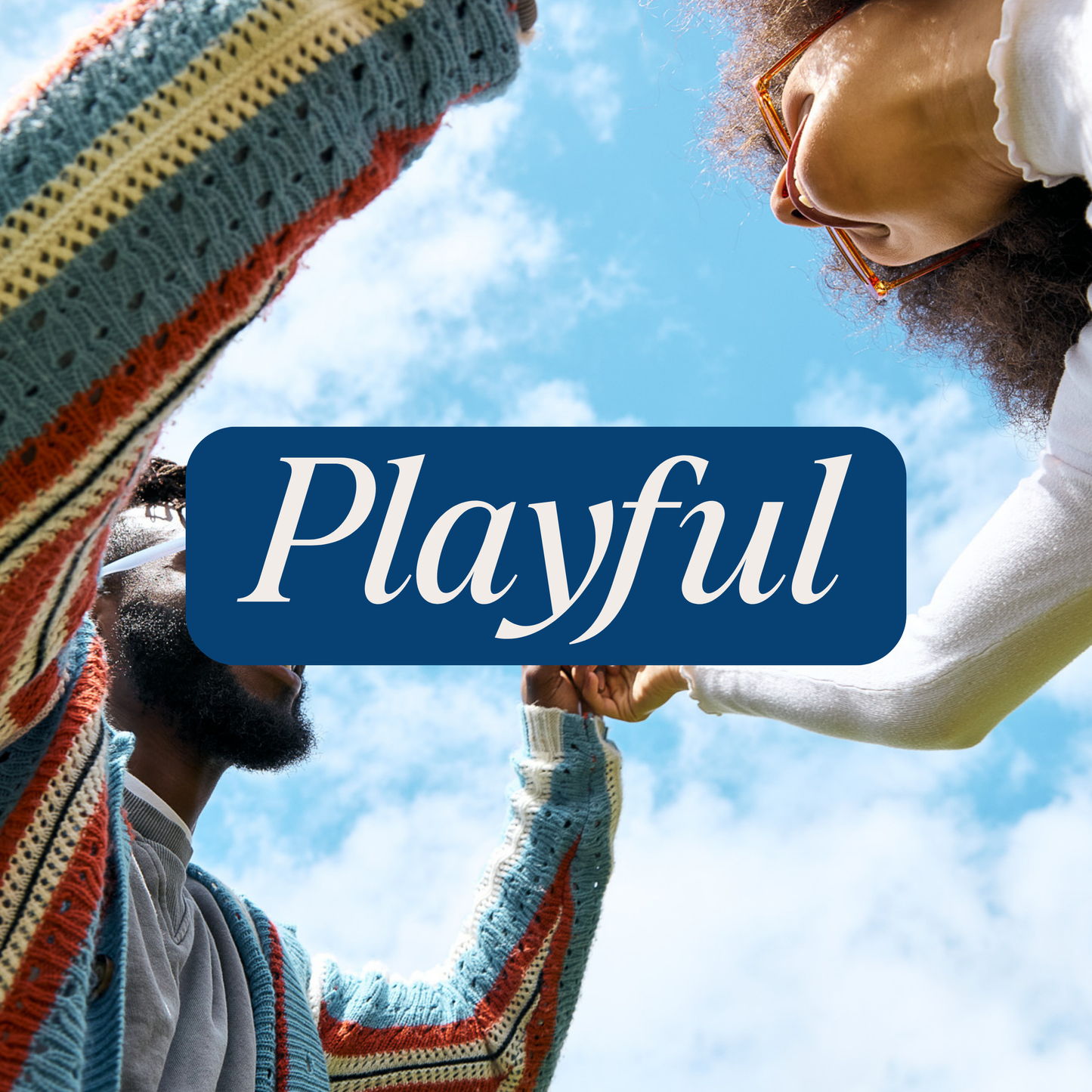 Two people holding hands with a blue banner saying 'playful' in white lettering.