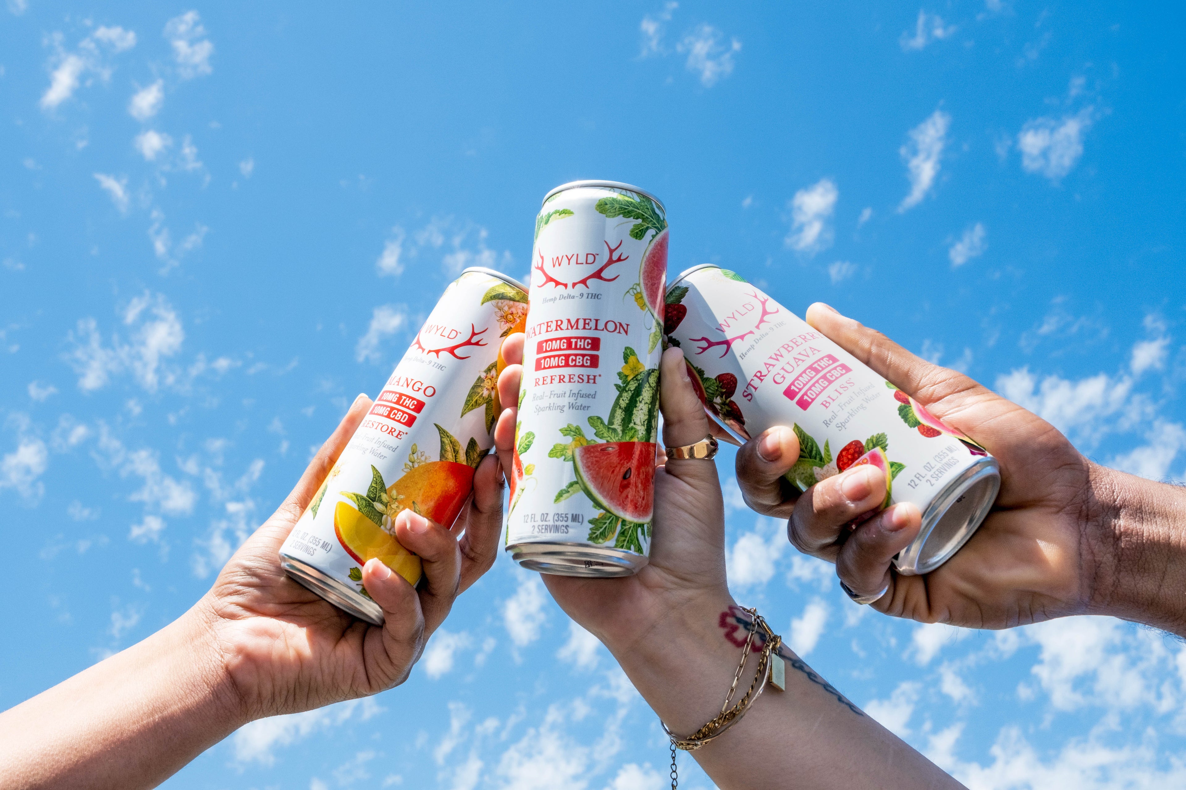 People holding up Wyld Hemp Real-Fruit Infused Sparkling Waters.