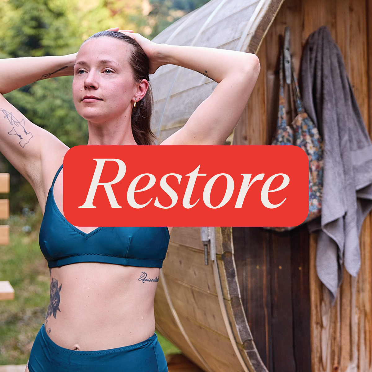Wyld Hemp creative depicting a person in a bathing suit with a red banner and text overlay that says 'Restore.'