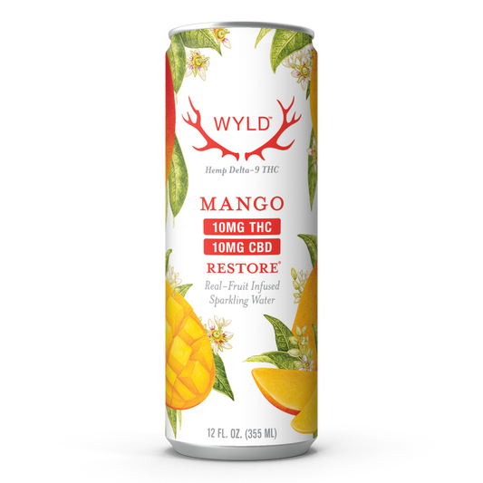 Wyld Mango Sparkling Water Beverage with 10mg Hemp Delta-9 THC and 10mg CBD in a 12oz can.
