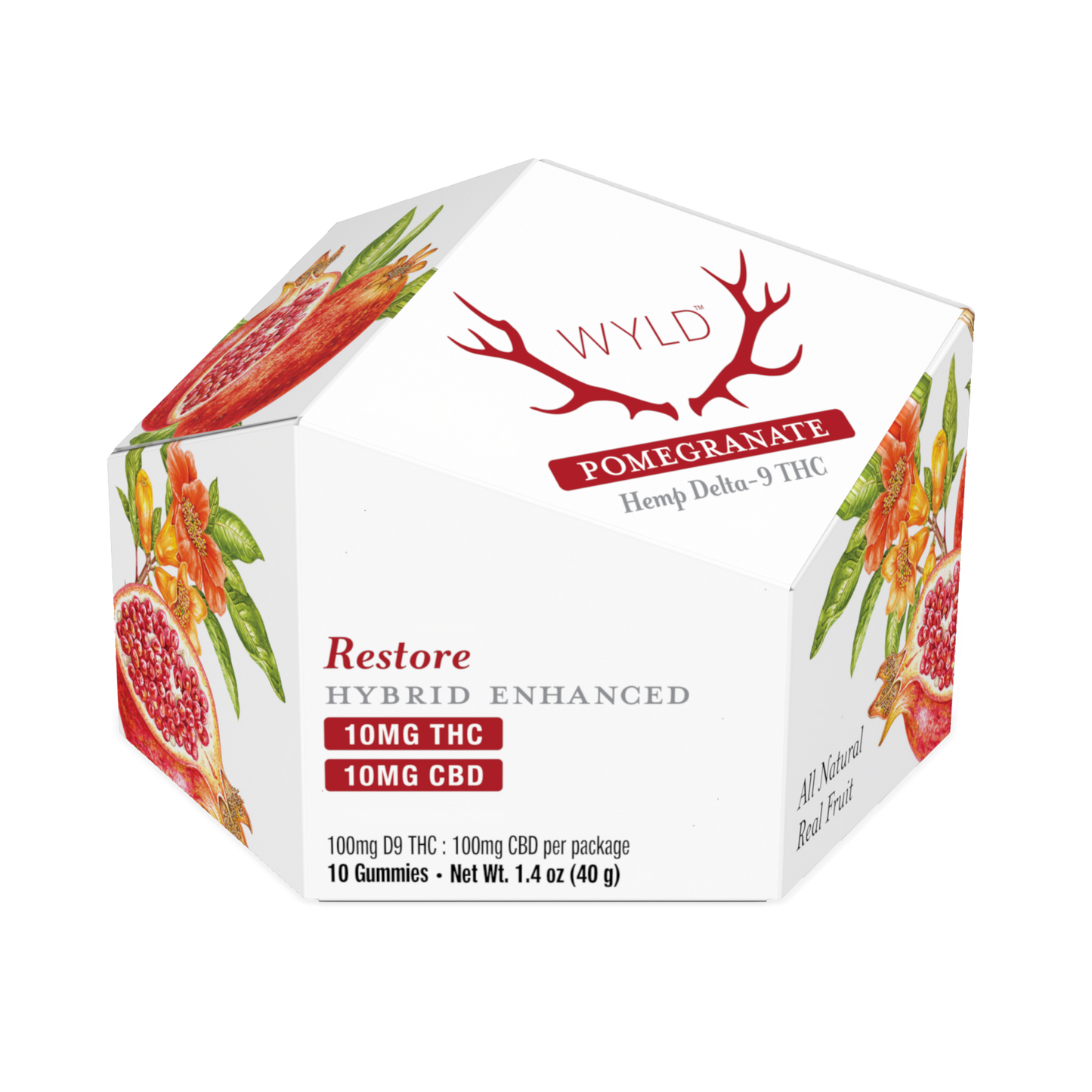 Wyld Pomegranate Hemp D9 THC Gummies in a 10ct package.