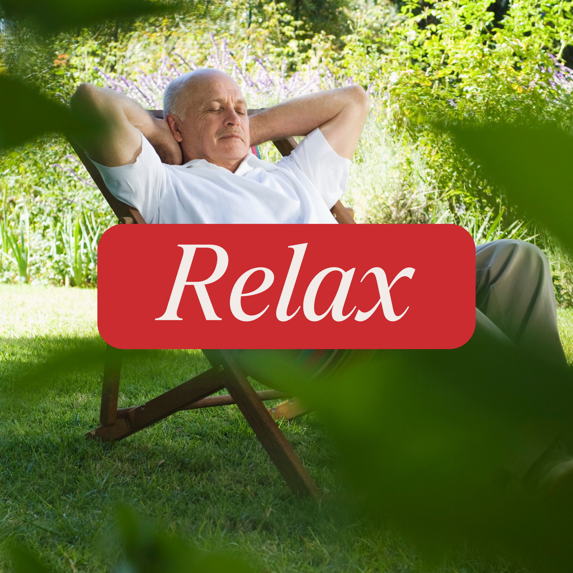 Wyld Hemp creative showing a person sitting in a chair with a red banner saying 'Relax' in white letters.