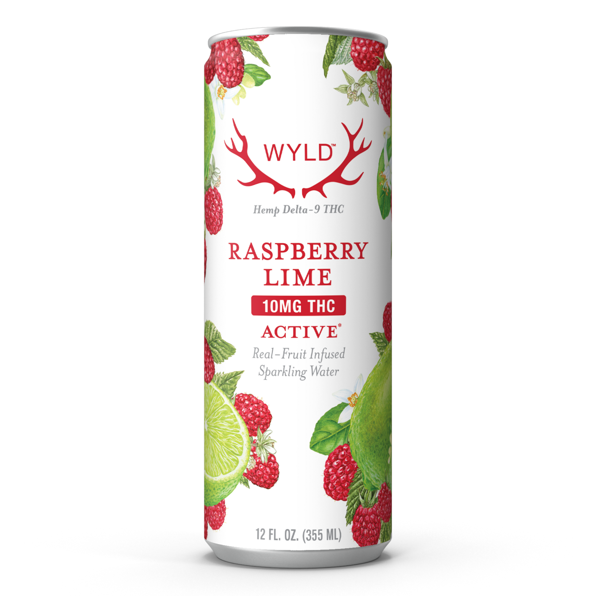 Wyld Raspberry Lime Hemp Delta-9 THC Sparkling Water in a 12oz can.