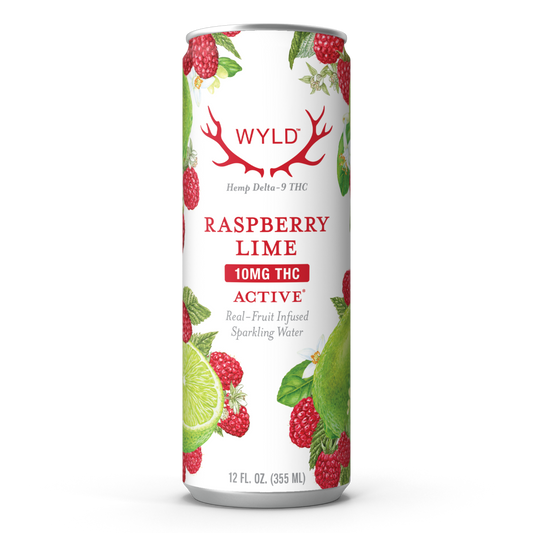 Wyld Raspberry Lime Hemp Delta-9 THC Sparkling Water in a 12oz can.