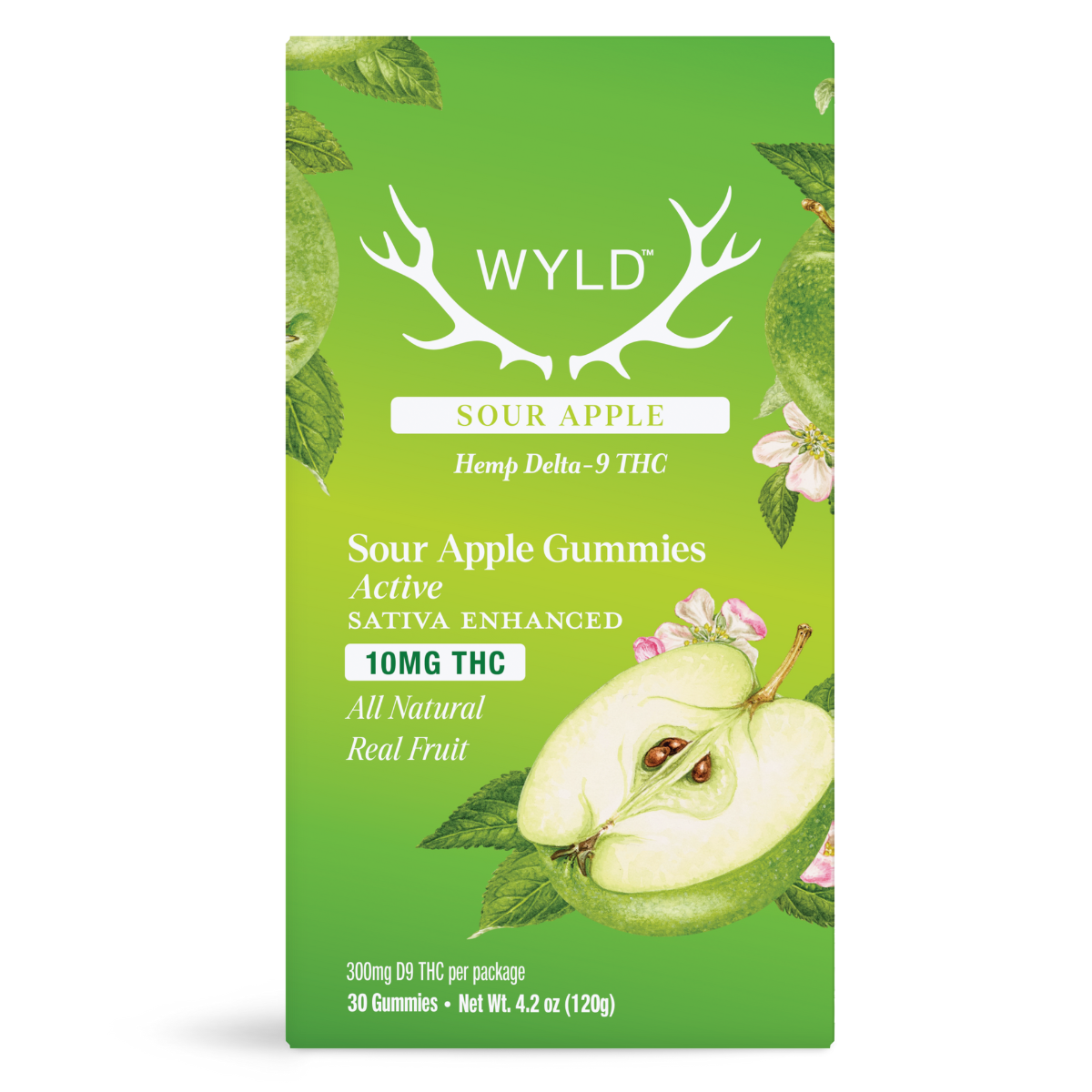 Wyld Sour Apple Gummies package featuring 10mg Hemp Delta-9 THC per gummy and Sativa terpenes in a 30-count container.