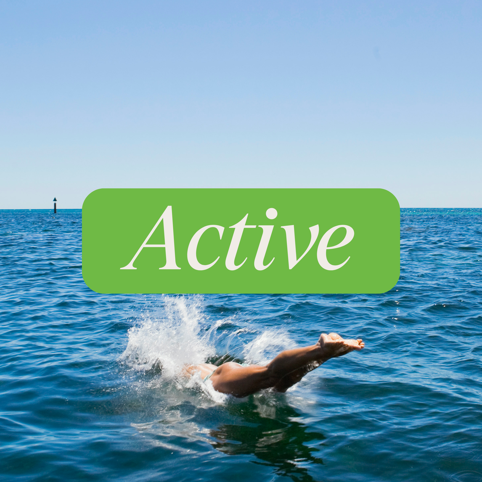 Person diving into water with a green banner that has the word 'Active' in white lettering.