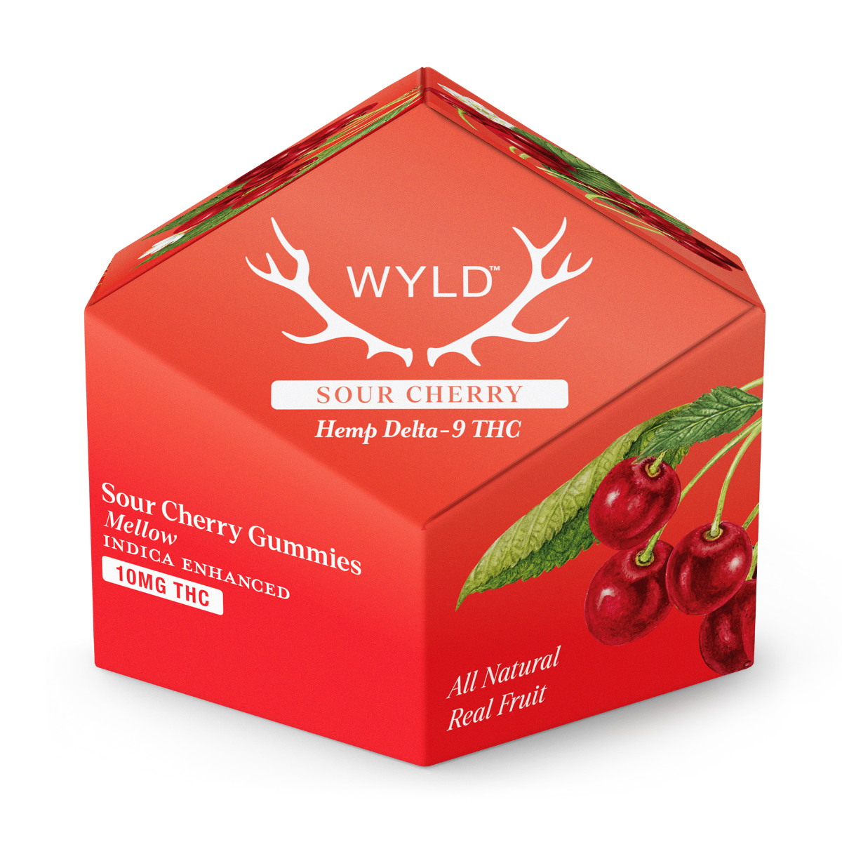 Wyld Sour Cherry Gummies container with bold red packaging, cherry fruit illustration, and product details including 10mg hemp-derived Delta-9 THC and mellow Indica terpene effects.