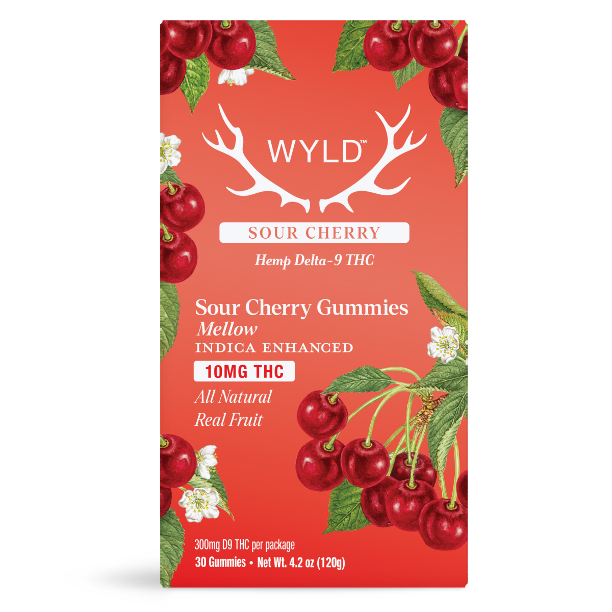 Wyld Sour Cherry Gummies 30-count container with bold red packaging, cherry fruit illustration, and product details including 10mg hemp-derived Delta-9 THC and mellow Indica terpene effects.
