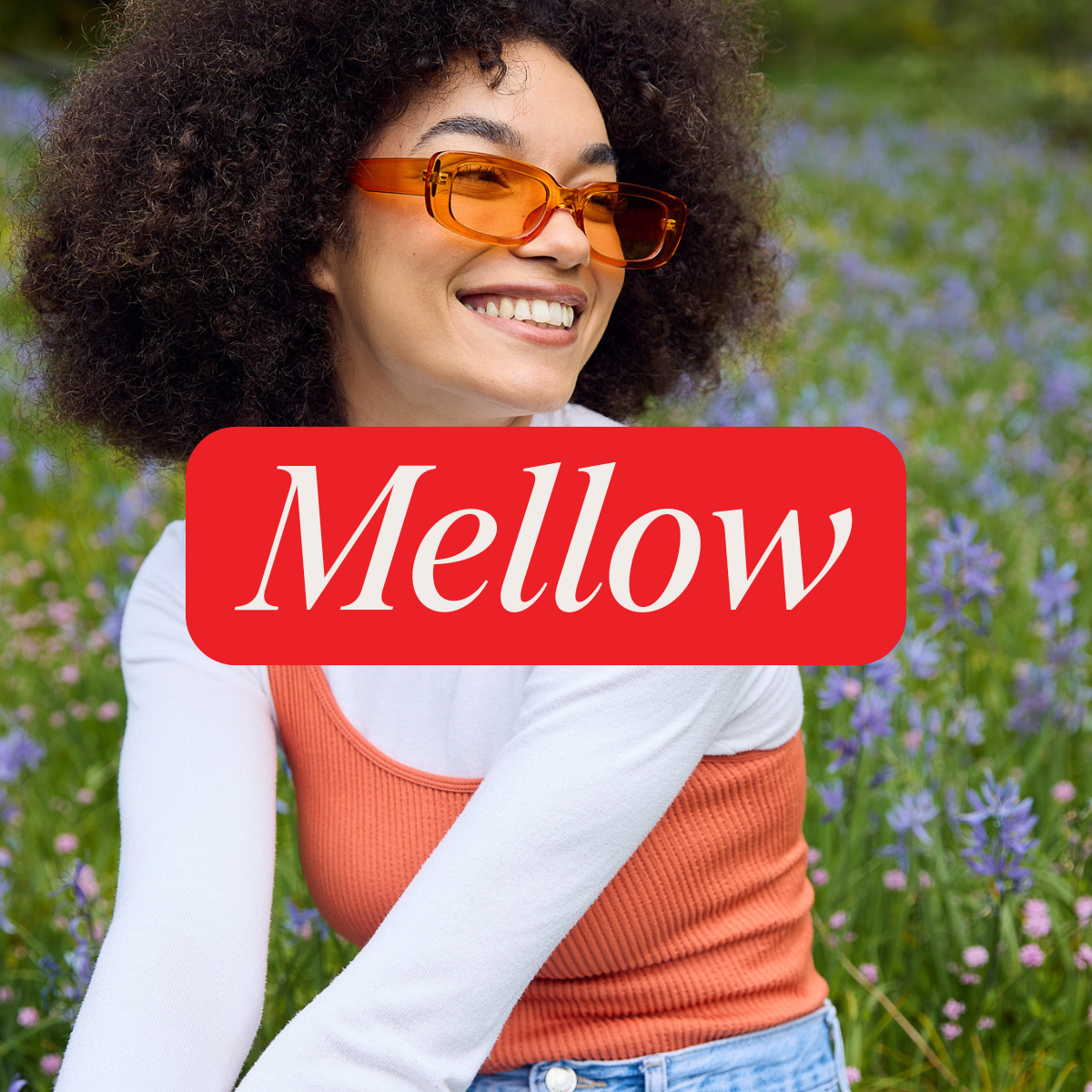 Person in orange sunglasses and layered white and orange clothing sitting in a field of purple flowers, with the word 'Mellow' displayed on a red banner—evoking a calm, relaxed atmosphere.