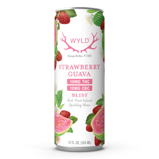 Wyld Hemp Strawberry Guava Delta-9 THC & CBC Sparkling Water in a 12oz can.