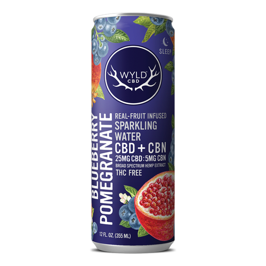 Wyld CBD Blueberry Pomegranate Sparkling Water with CBD and CBN in a 12 ounce can.