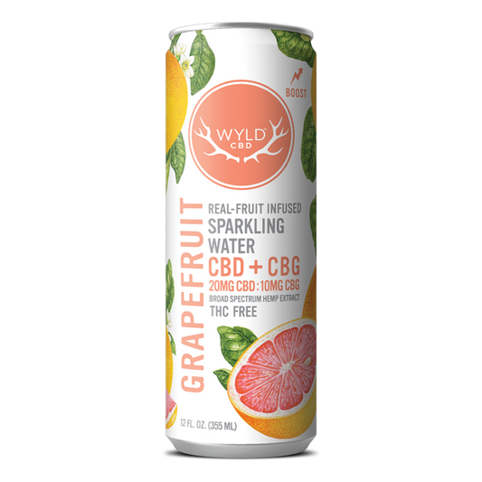 Wyld CBD Grapefruit Sparkling Water with CBD and CBG in a 12 fluid ounce can.