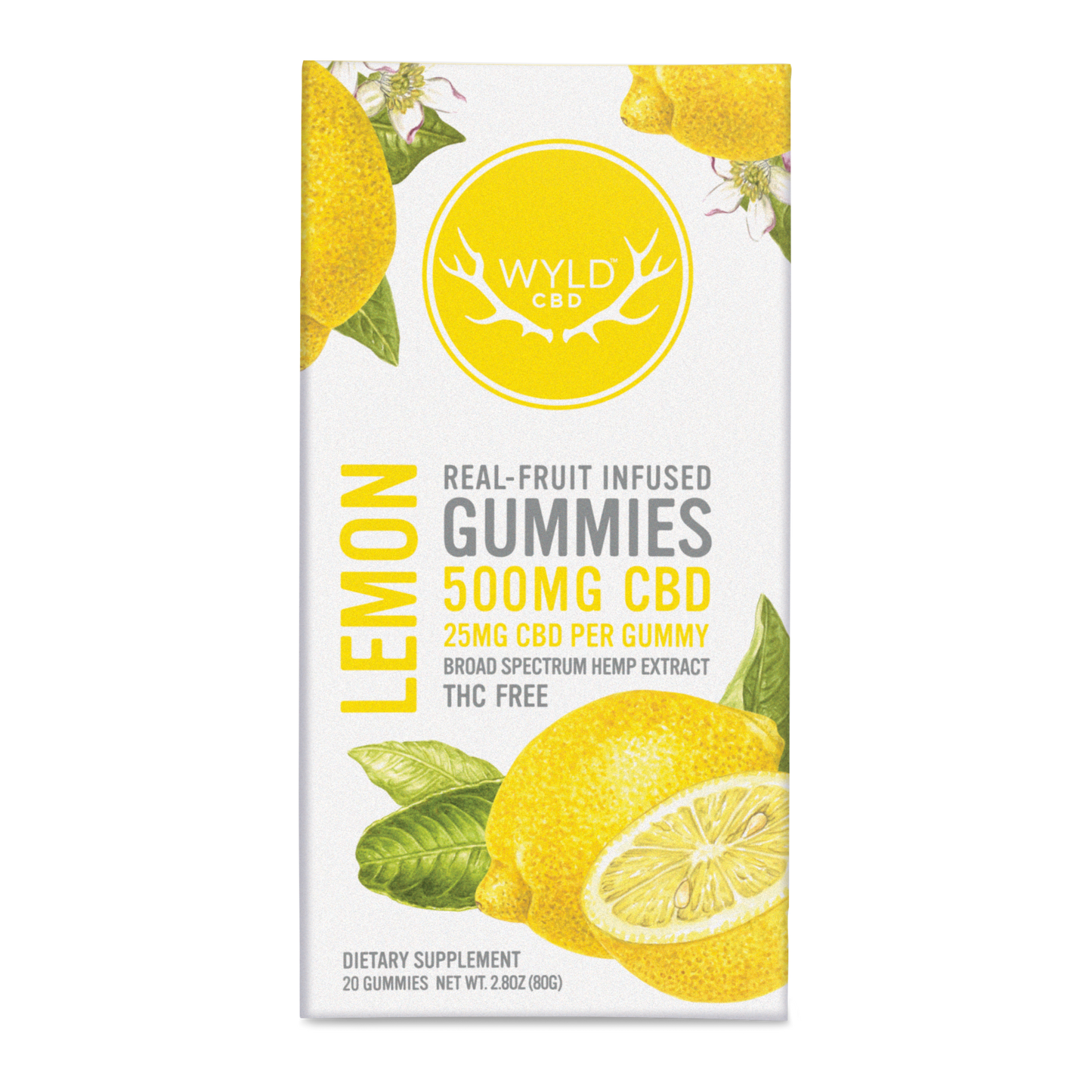 Wyld CBD Lemon Gummies 20 count packaging advertising real-fruit infused, broad spectrum hemp extract confections.