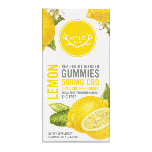 Wyld CBD Lemon Gummies 20 count packaging advertising real-fruit infused, broad spectrum hemp extract confections.