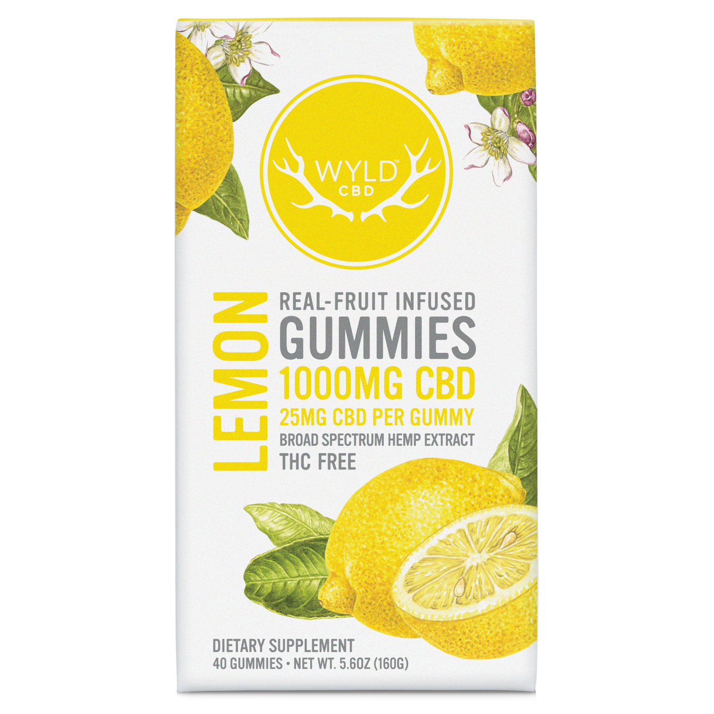 Wyld CBD Lemon Gummies 40 count packaging advertising real-fruit infused, broad spectrum hemp extract confections.