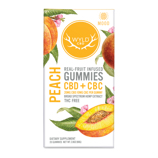 Wyld CBD Peach Gummies infused with real fruit, CBD, and CBC in a 20 piece package.