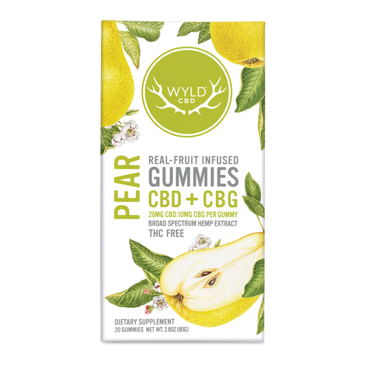 Wyld CBD Pear Real-Fruit Infused Gummies with CBD + CBG in a 20 piece package.