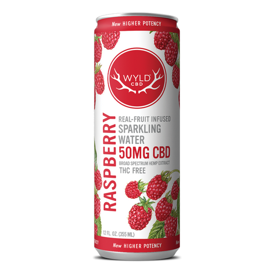 Wyld Raspberry Sparkling Water with 50mg of CBD in a 12 ounce can.