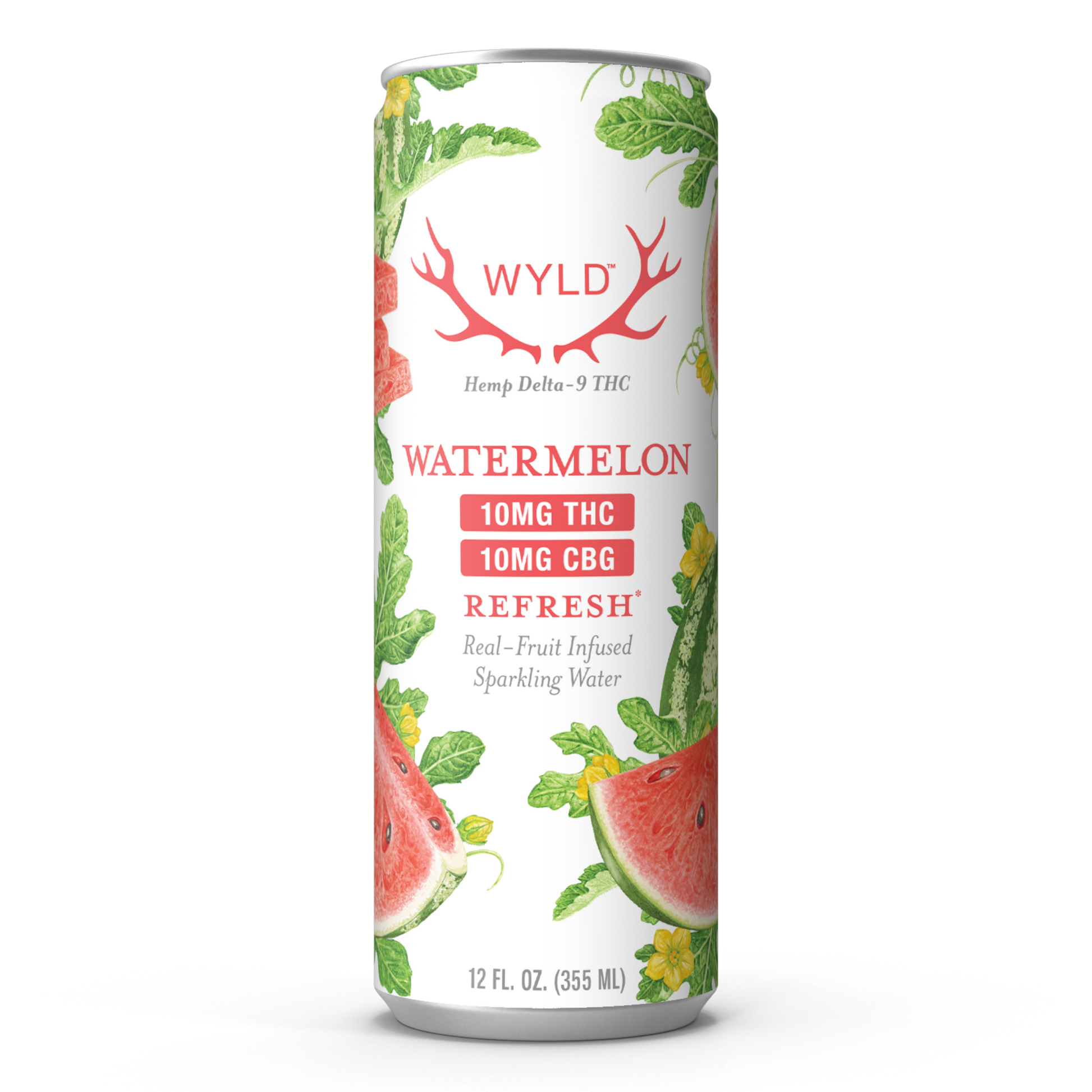 Wyld Hemp Watermelon Sparkling Water with 10mg of Hemp Delta-9 THC and 10 mg of CBG in a 12oz can