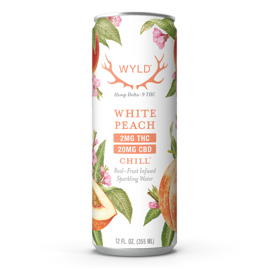 Wyld White Peach Sparkling Water with 2mg Delta-9 THC and 20mg CBD in a 12 ounce can.