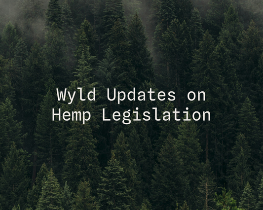 Dense evergreen forest with mist in the background and white text overlay reading ‘Wyld Updates on Hemp Legislation.’