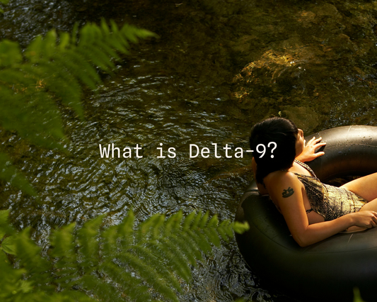 Person floating peacefully on a river surrounded by lush greenery, with the text 'What is Delta-9?'—a visual introduction to the blog post exploring hemp-derived Delta-9 THC, its effects, legality, and how it compares to other cannabinoids.