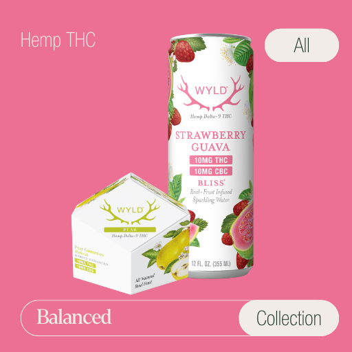 Wyld Hemp THC Balanced Collection featuring Strawberry Guava sparkling water and Pear gummies for a harmonious experience.