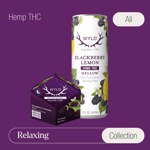 Wyld Hemp THC Relaxing Collection showcasing Blackberry Lemon sparkling water and Boysenberry gummies for a calming effect.