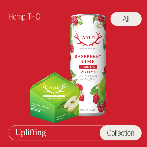 Wyld Hemp THC Uplifting Collection with Raspberry Lime sparkling water and Sour Apple gummies for an energizing boost.