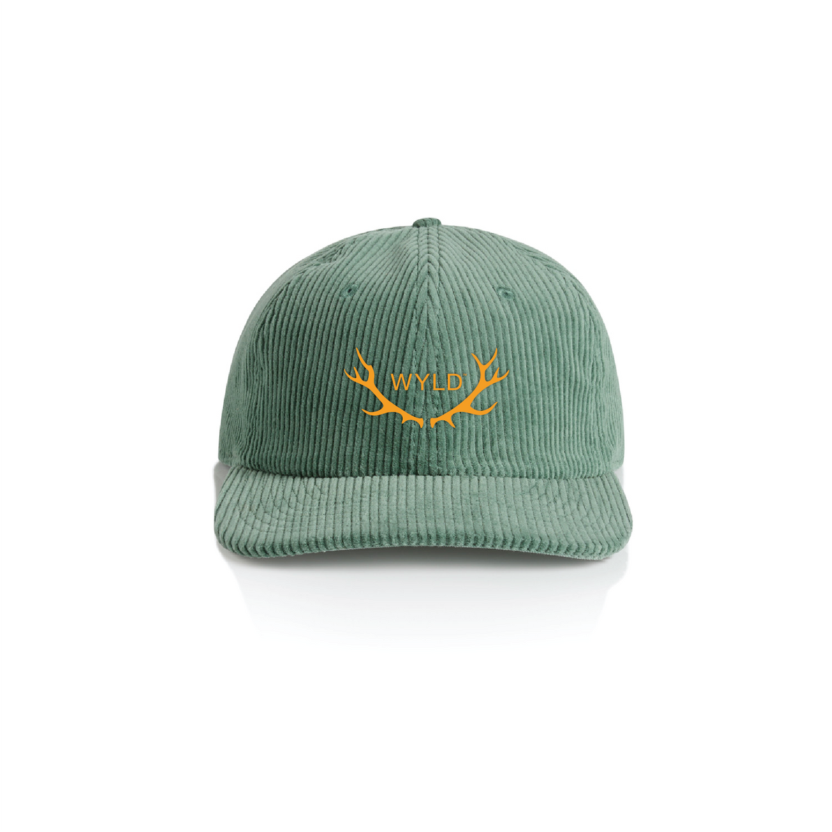 Green corduroy cap with 'WYLD' logo on a white background
