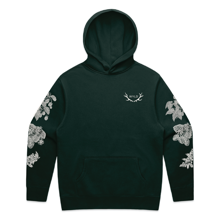 Dark green hoodie with white designs on sleeves and logo on chest against a white background