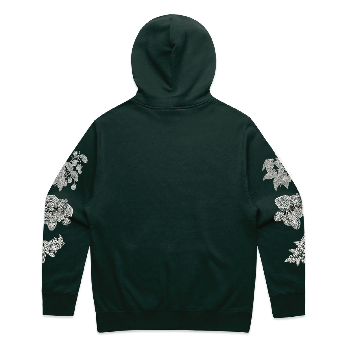 Dark green hoodie with floral patterns on sleeves against a white background