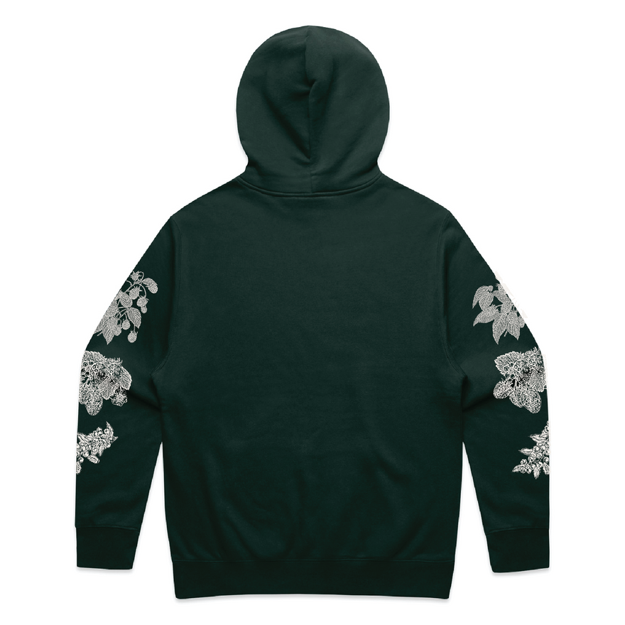Dark green hoodie with floral patterns on sleeves against a white background
