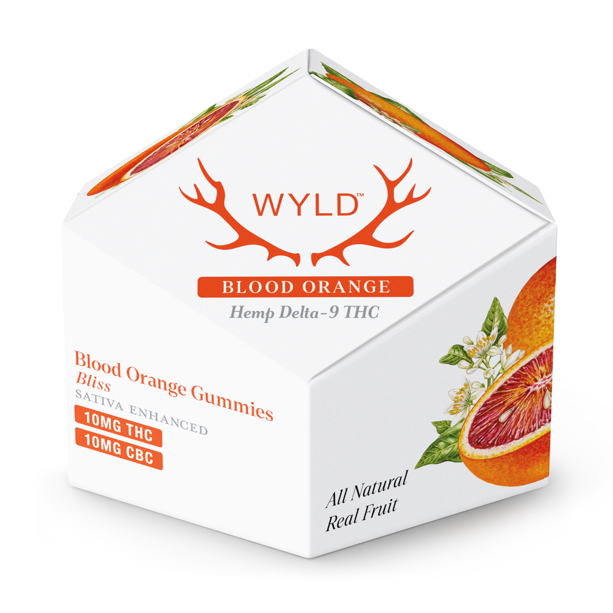 Wyld Blood Orange Gummies 10-count container with clean white packaging, blood orange slice illustration, and product details including 10mg hemp-derived Delta-9 THC and CBC + Sativa terpenes for uplifting vibes.