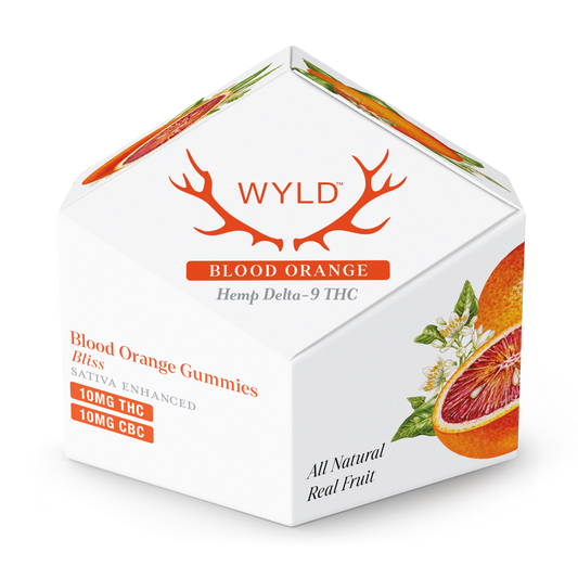 Wyld Blood Orange Gummies 10-count container with clean white packaging, blood orange slice illustration, and product details including 10mg hemp-derived Delta-9 THC and CBC + Sativa terpenes for uplifting vibes.