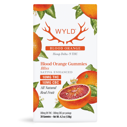 Wyld Blood Orange Gummies 30-count container with clean white packaging, blood orange slice illustration, and product details including 10mg hemp-derived Delta-9 THC and CBC + Sativa terpenes for uplifting vibes.