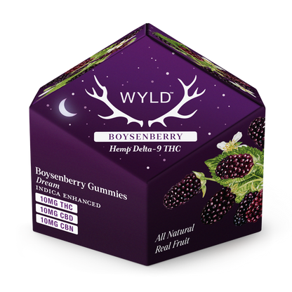 Wyld Boysenberry Gummies 10-count container with rich purple packaging, boysenberry fruit illustrations, and product details including 10mg hemp-derived Delta-9 THC, CBD, and CBN for Indica-enhanced restful effects.
