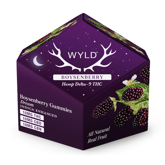 Wyld Boysenberry Gummies 10-count container with rich purple packaging, boysenberry fruit illustrations, and product details including 10mg hemp-derived Delta-9 THC, CBD, and CBN for Indica-enhanced restful effects.