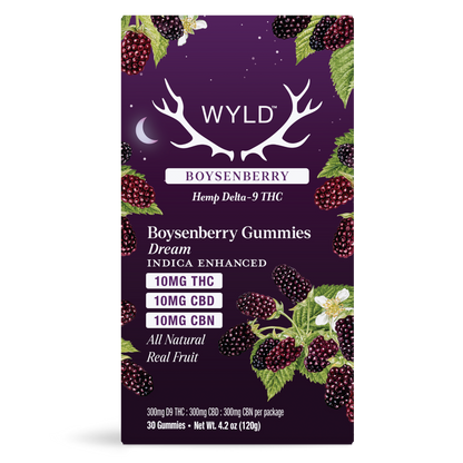 Wyld Boysenberry Gummies 30-count container with rich purple packaging, boysenberry fruit illustrations, and product details including 10mg hemp-derived Delta-9 THC, CBD, and CBN for Indica-enhanced restful effects.