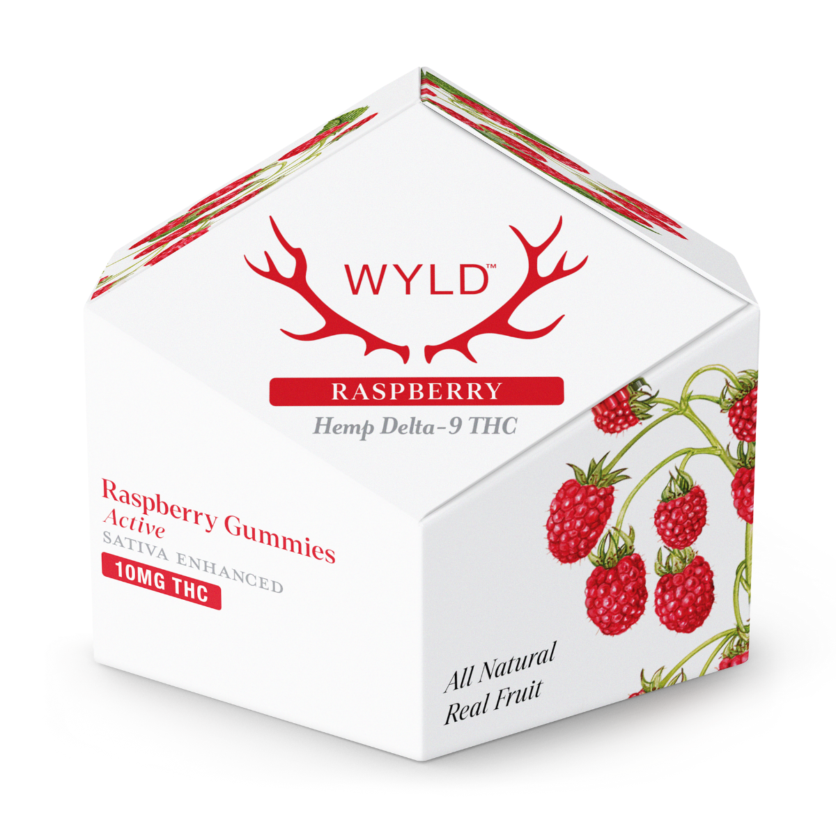 Wyld Raspberry Gummies packaging with 10mg hemp-derived Delta-9 THC, Sativa-enhanced terpenes, real fruit ingredients, and active effects for energy and focus.