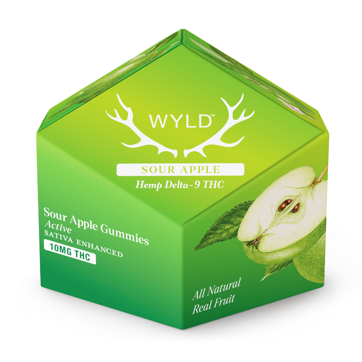 Wyld Sour Apple Gummies packaging featuring 10mg Hemp Delta-9 THC per serving, Sativa terpenes, and real fruit flavor.