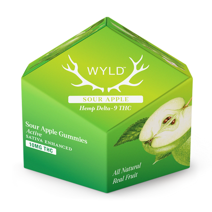 Wyld Sour Apple Gummies packaging featuring 10mg Hemp Delta-9 THC per serving, Sativa terpenes, and real fruit flavor.