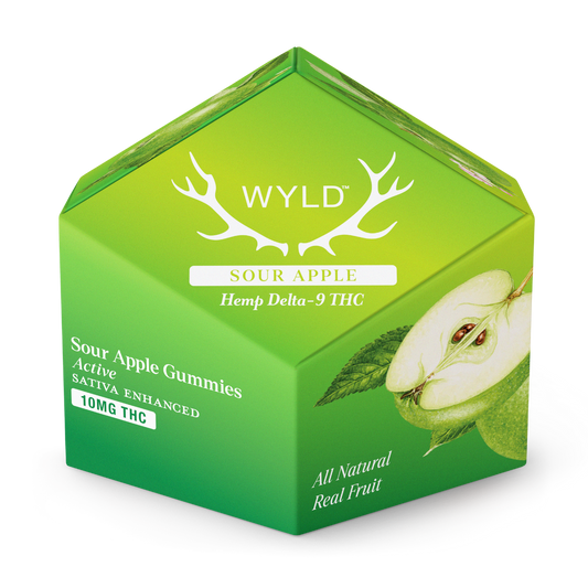 Wyld Sour Apple Gummies packaging featuring 10mg Hemp Delta-9 THC per serving, Sativa terpenes, and real fruit flavor.