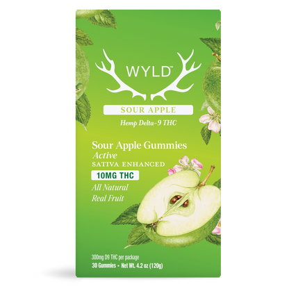 Wyld Sour Apple Gummies package featuring 10mg Hemp Delta-9 THC per gummy and Sativa terpenes in a 30-count container.
